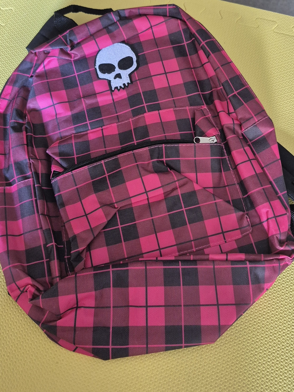 Source Unknown Hot Pink and Black Plaid Backpack with Skull Patch